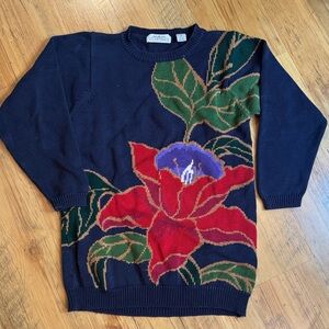 Linda Allard for Ellen Tracy 90’s Floral Sweater Navy Sz S